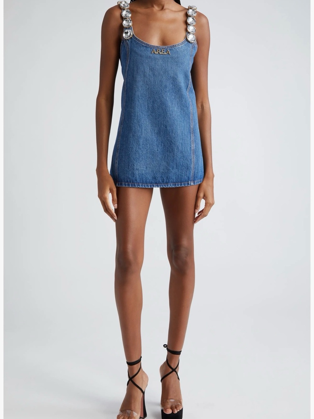 AREA Jumbo Crystal Denim Mini Dress with Crystal-Embellished Straps. New. Size S